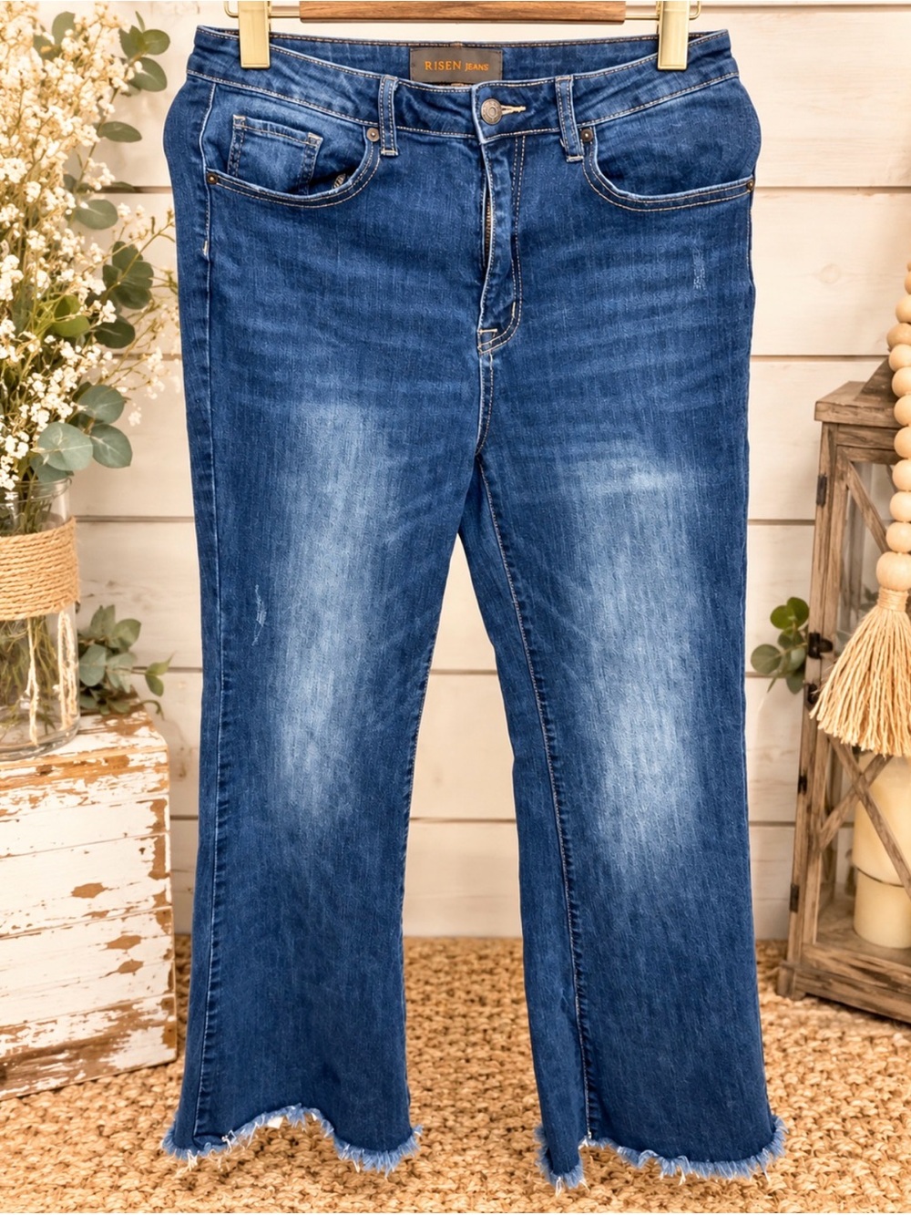 Risen High-Rise Dark Blue Flare Jeans with Frayed Hem
